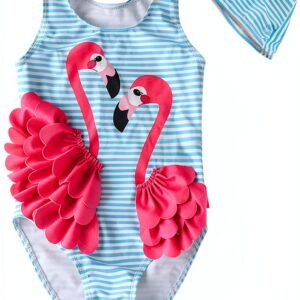 Flamingo Stripe Baby Girl Swimsuit UPF50 Nylon Spandex-0