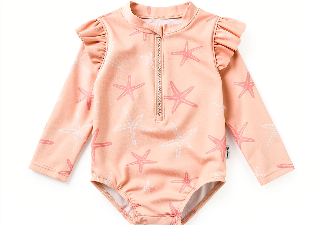 Gerber Baby Girls UPF 50 Swimwear Pink Starfish Design being worn by toddler at beach