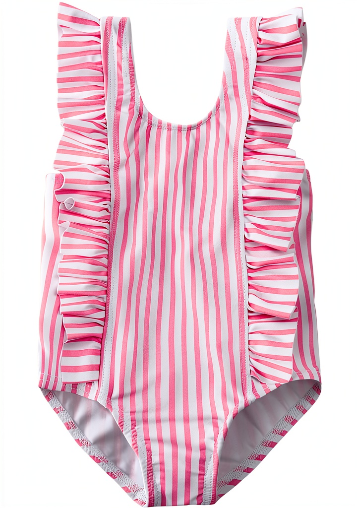 Baby girl wearing ruffle swimsuit at the beach with floral print