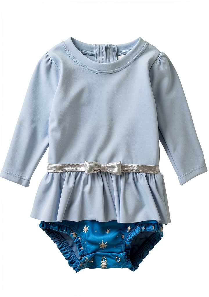 Baby girl wearing long sleeve swimsuit at the beach