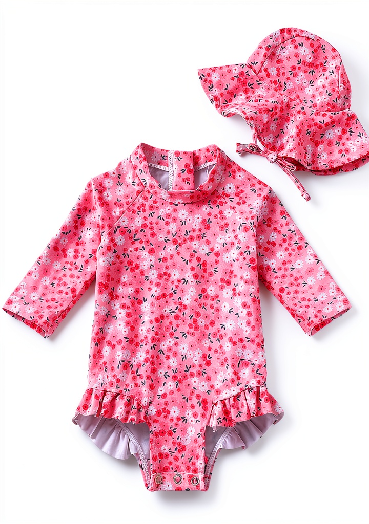 Baby girl wearing the one-piece swimsuit at the beach